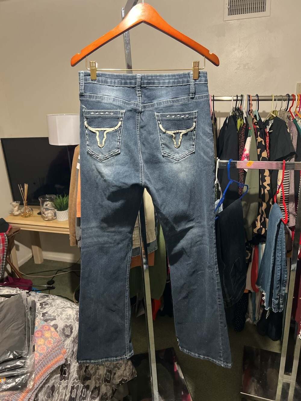 Women's Blue Denim Bootcut Jeans with Bull Head Embroidery Back Pockets
